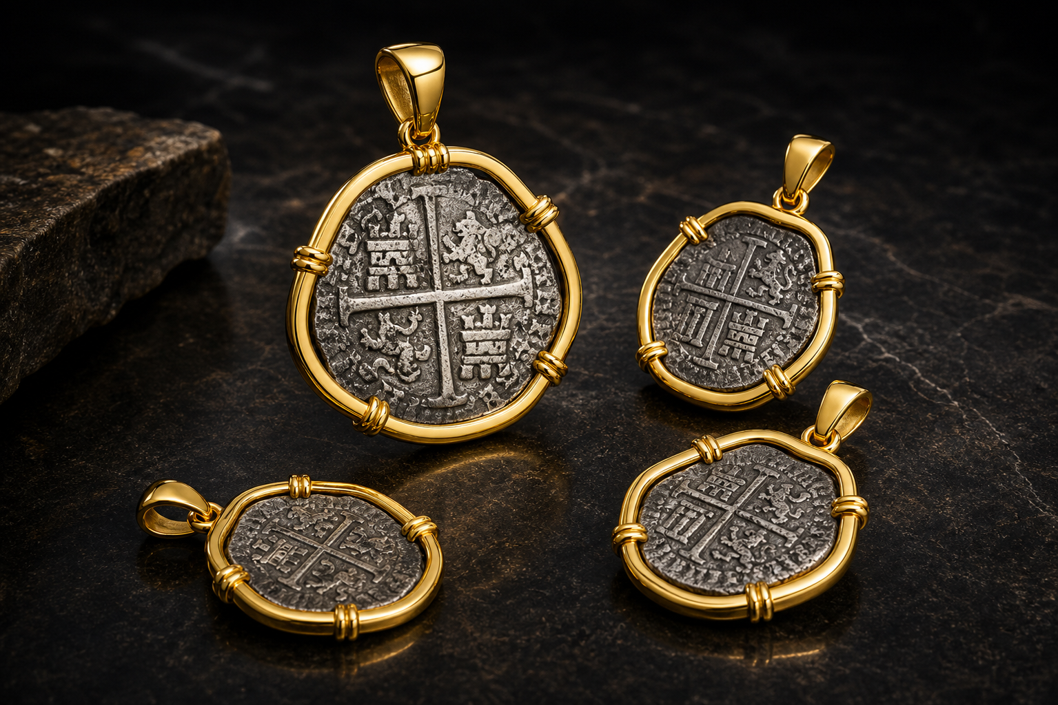 Atocha-style coin jewelry with gold-look frames
