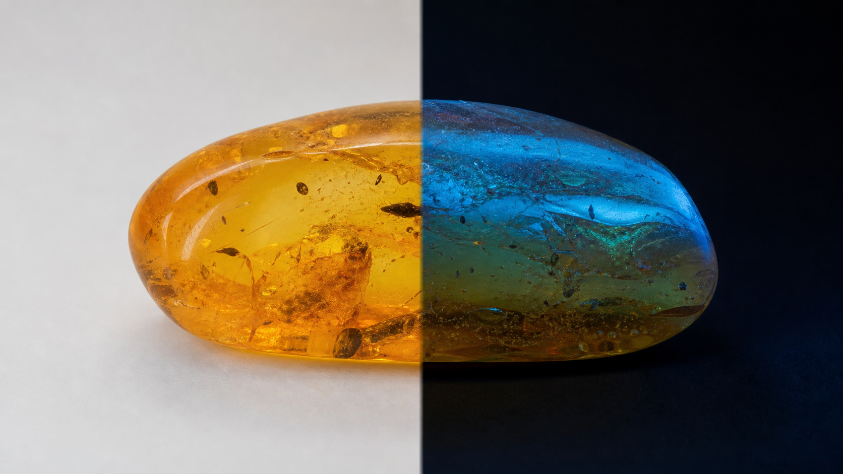 Dominican blue amber fluorescence in different lighting