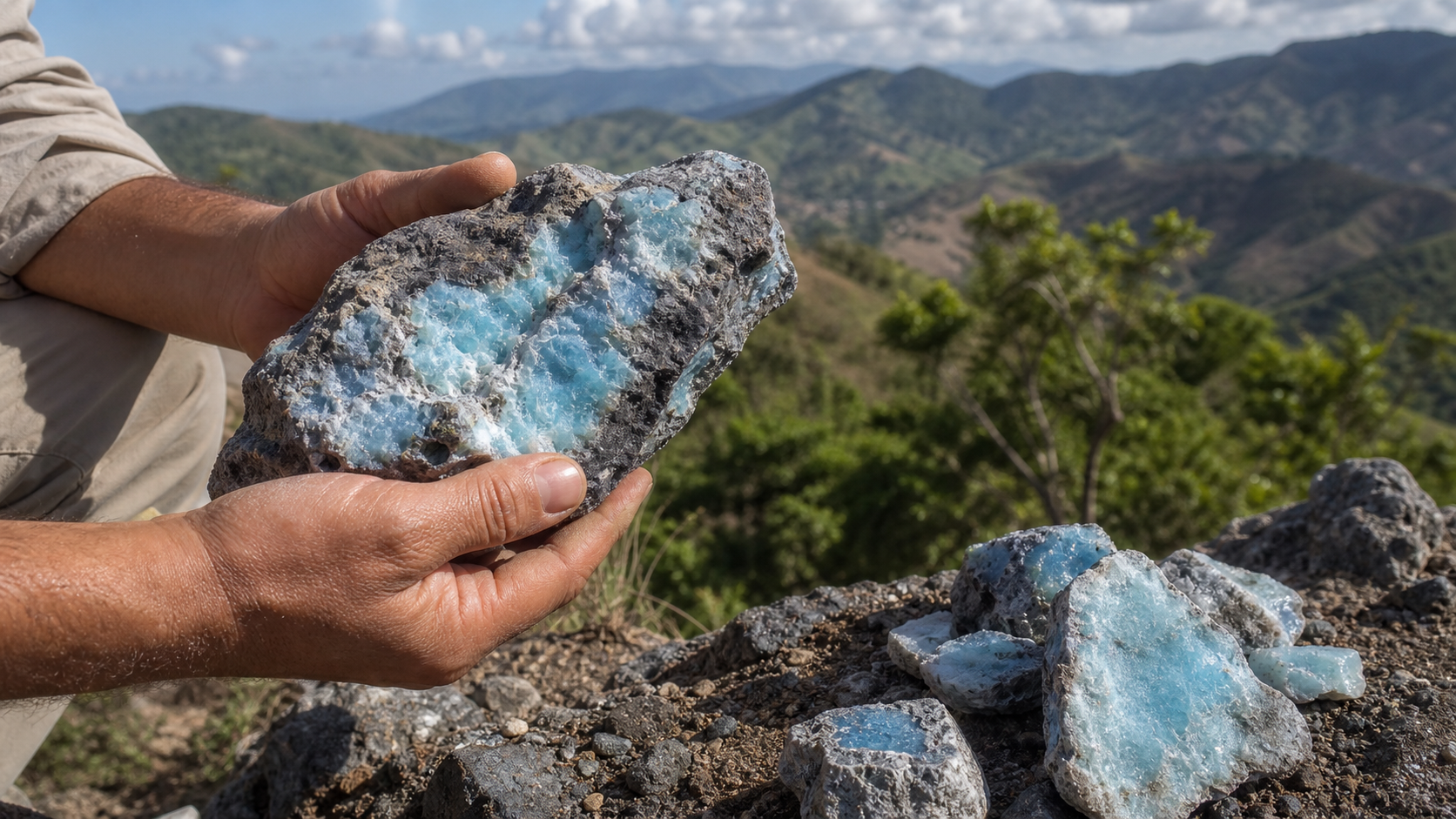 Editorial illustration of Larimar discovery in the Dominican Republic