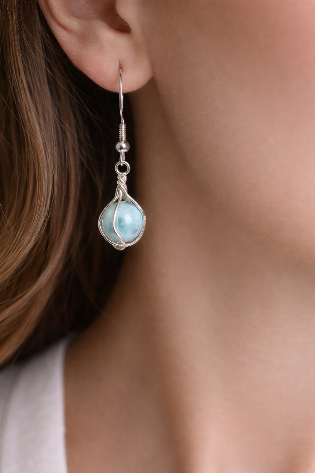 Beautiful Larimar 925 Sterling Silver Dangle Round Bead in Cage Earrings 1.4inch