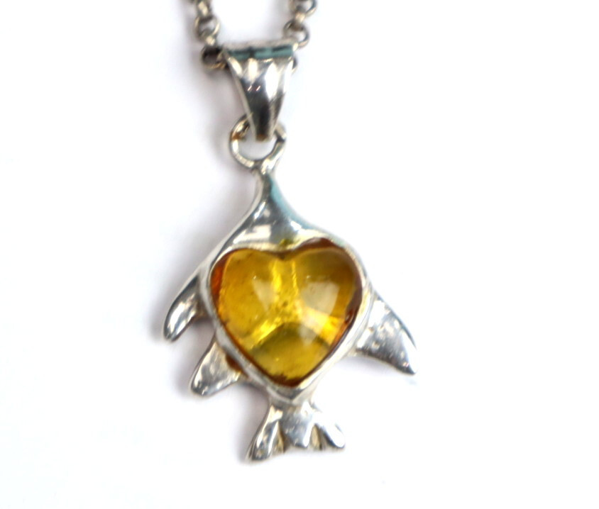 Natural Clear Orange Yellow Amber .925 Sterling Silver Fish Heart Pendant 36mm