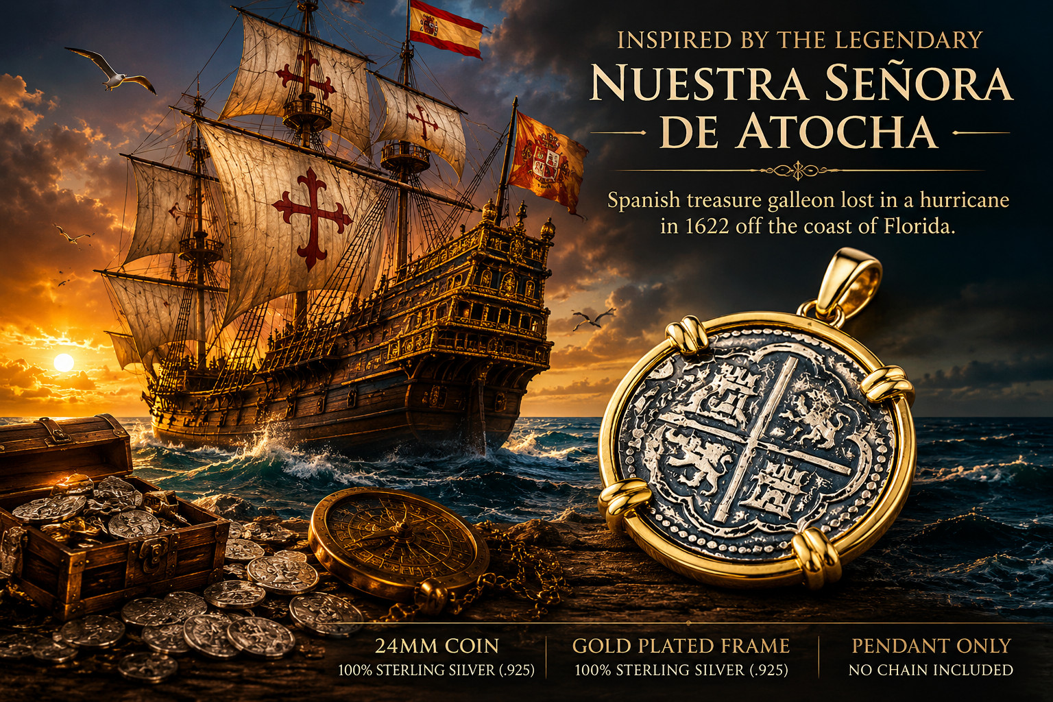 Atocha Style Shipwreck Coin Pendant 33 Carats 925 Sterling Silver