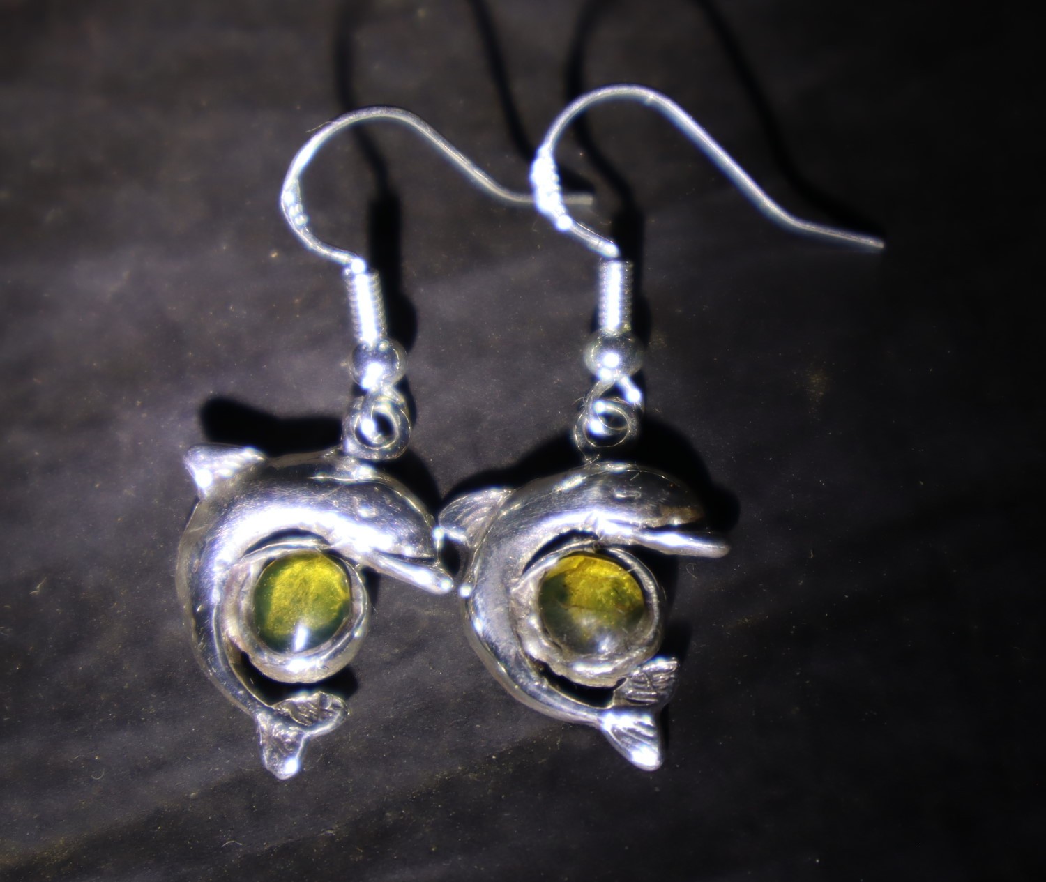 Lovely Natural Clear Ocean Green Amber .925 Sterling Silver Dolphin Earrings