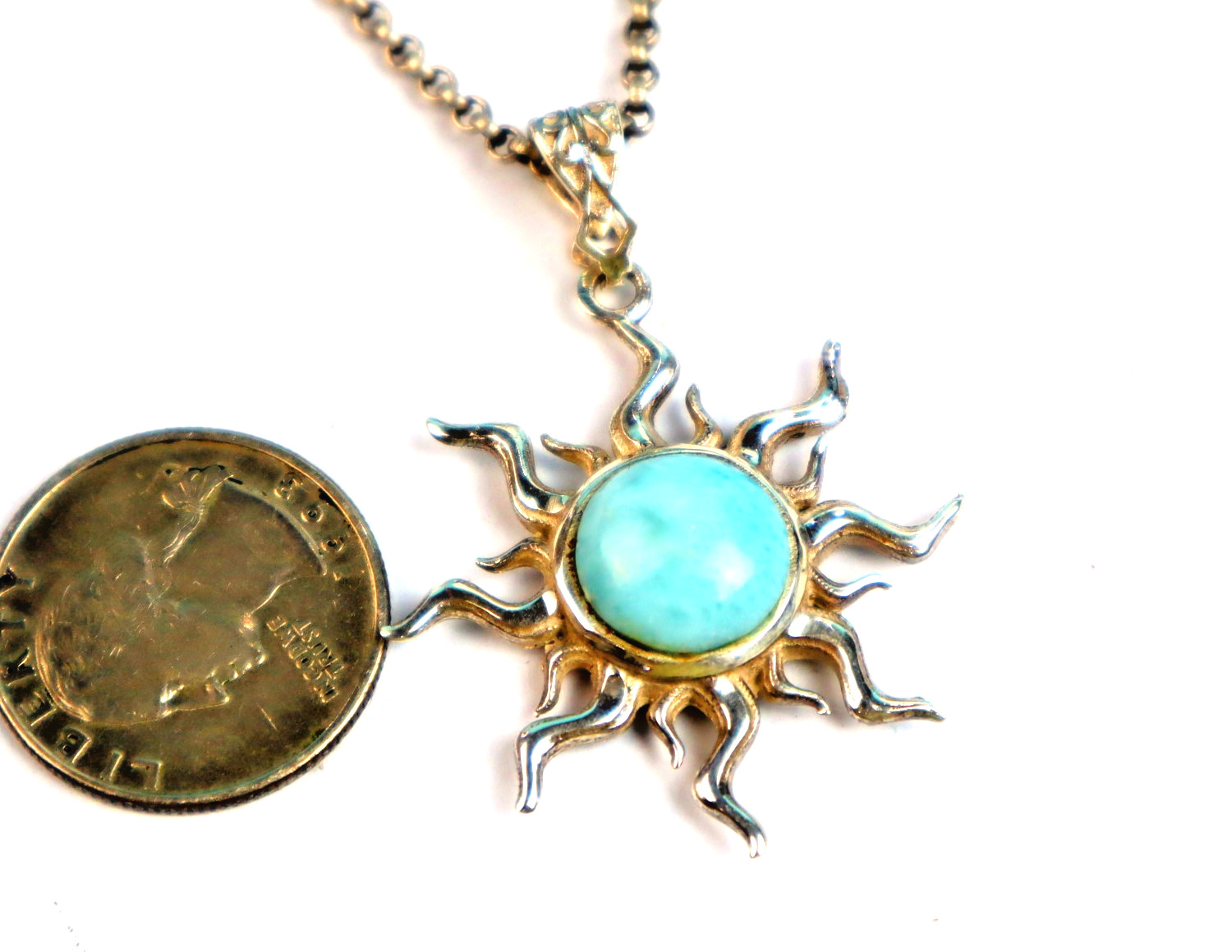 Charming Design Natural Sky Blue Larimar .925 Sterling Silver Sun Pendant 49mm