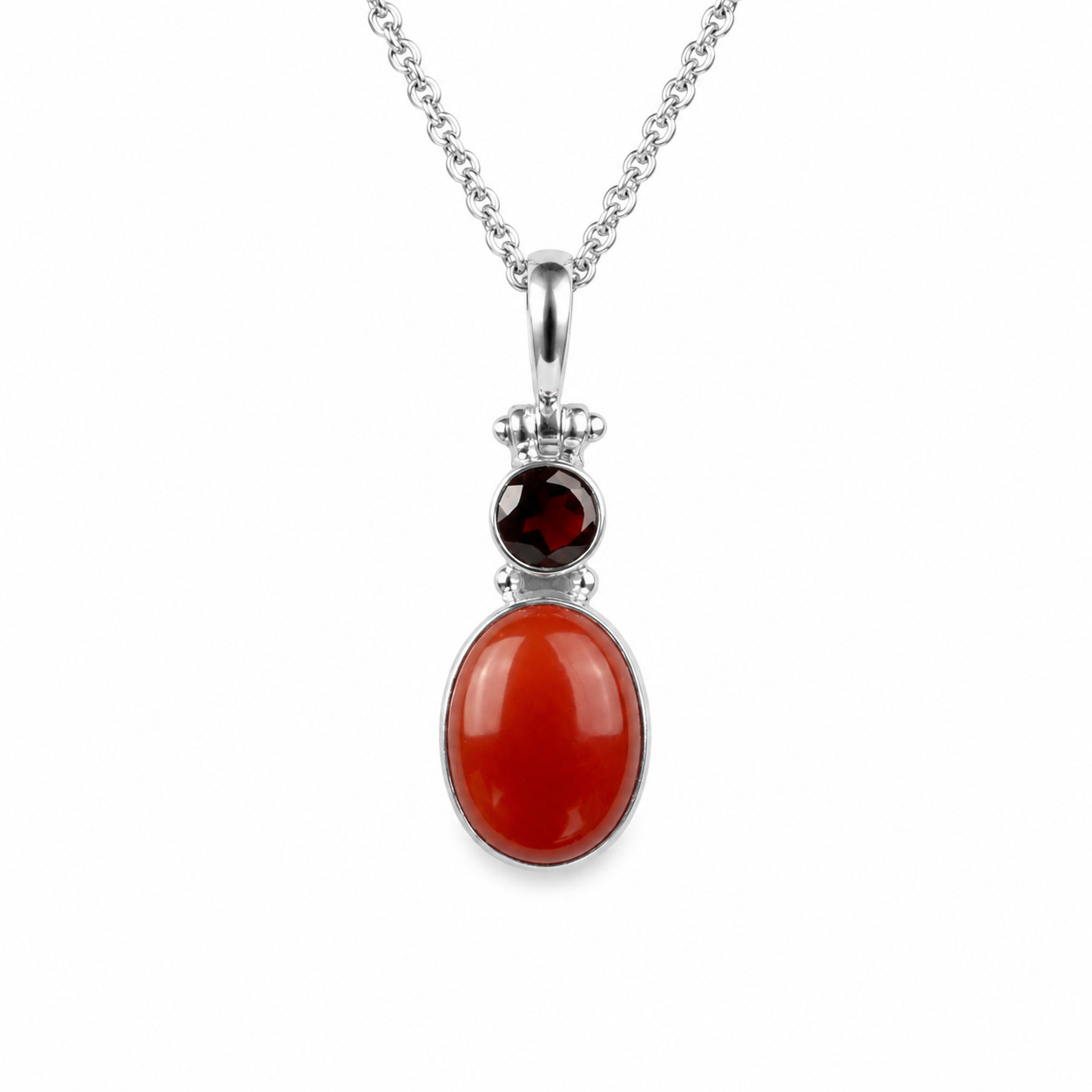 Genuine Dark Red Red Coral & Garnet 925 Sterling Silver Oval Pendant 1.8 inch