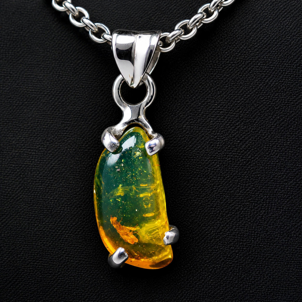 Authentic Green Blue Amber 925 Sterling Silver Freeform Pendant 29mm Fossil