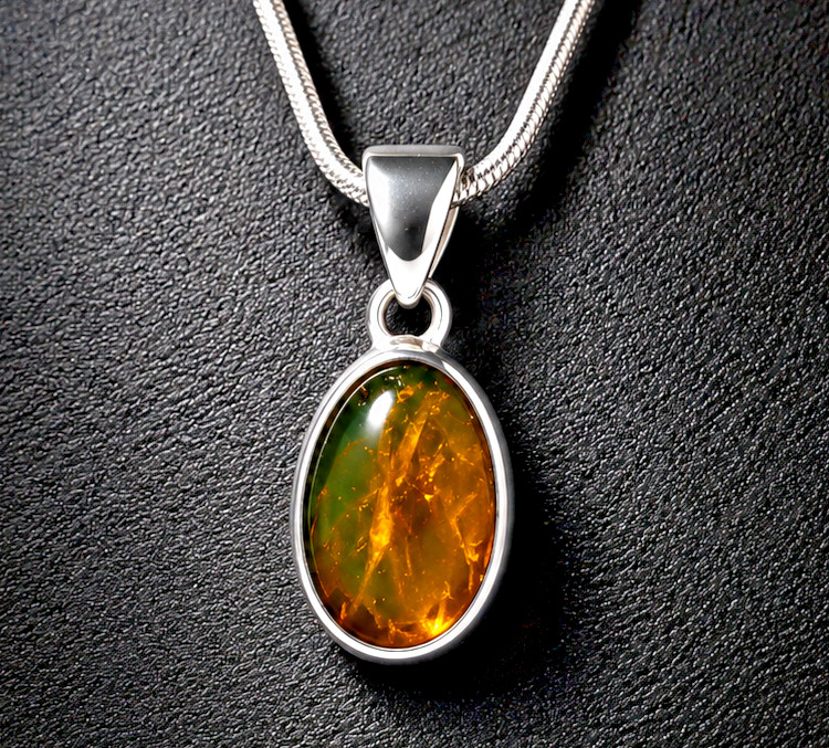 Unique Premium Olive Green Amber 925 Sterling Silver Pendant 28mm