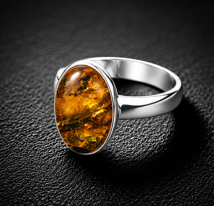 Natural Unique Orange Brown Amber 925 Sterling Silver Ring US#6.5