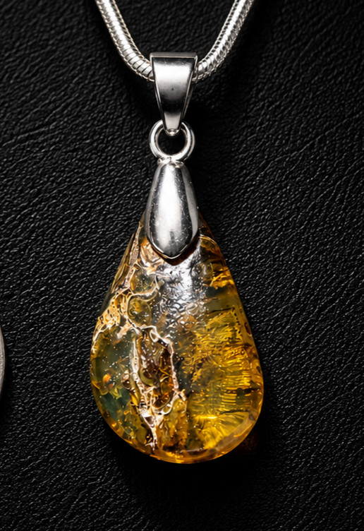 Natural Dominican Green Amber Pendant 925 Sterling Silver 38mm Polished Olive