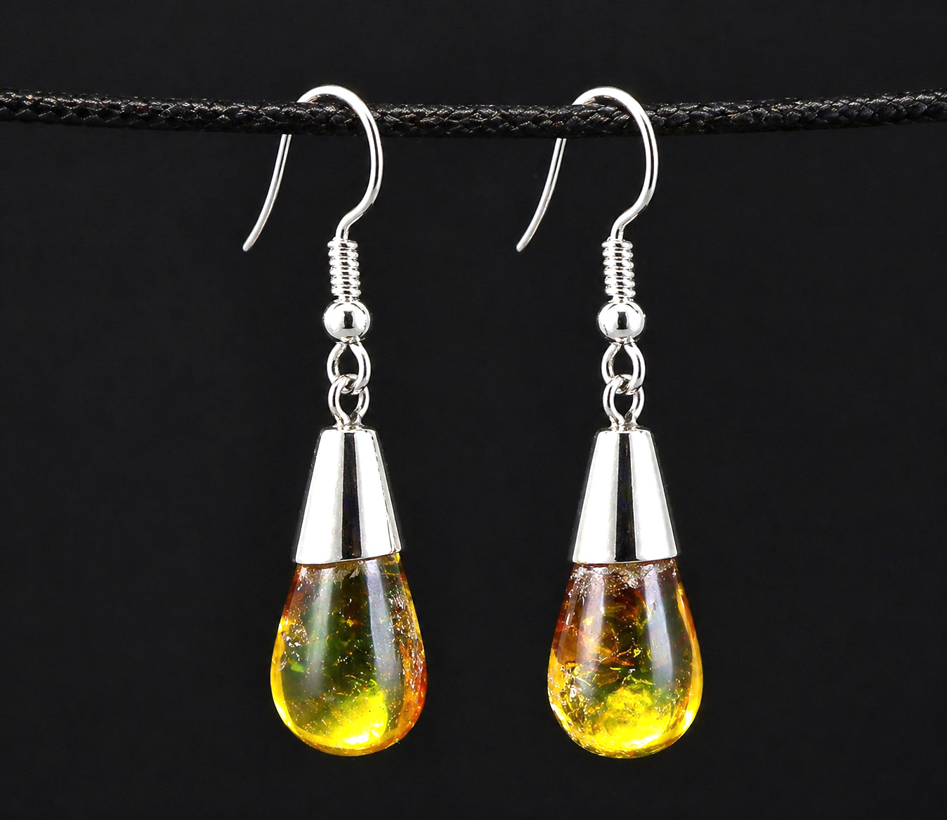 Beautiful Natural Clear light green Amber .925 Sterling Silver Earrings 1.5inch