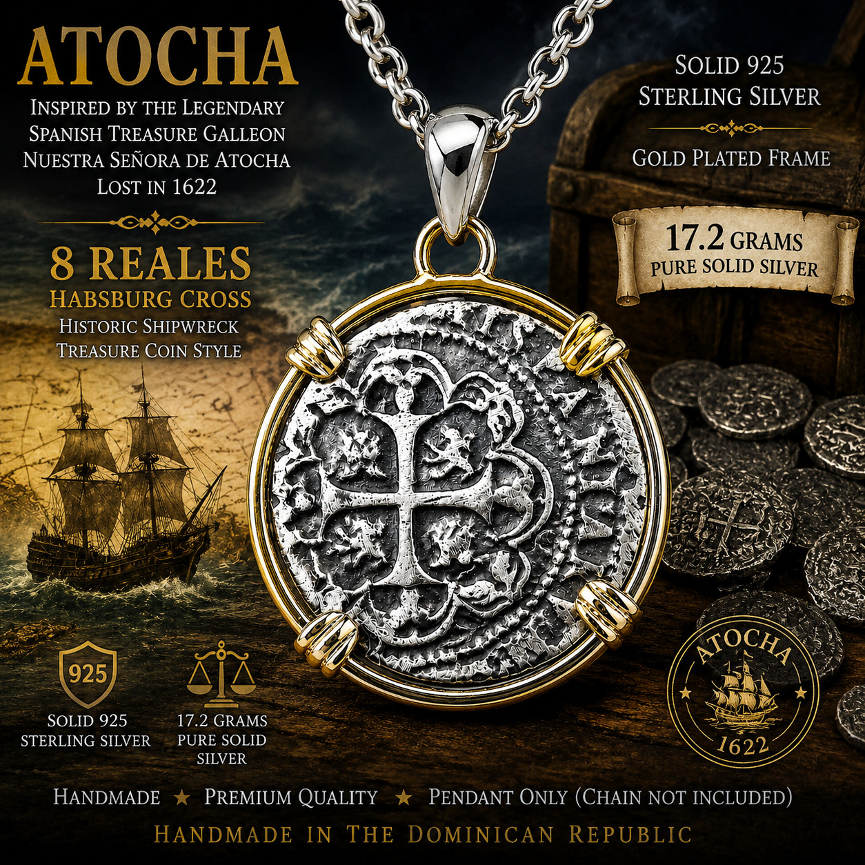Atocha Style Habsburg Shipwreck 8 Reales Coin Pendant 17.2g 925 Silver