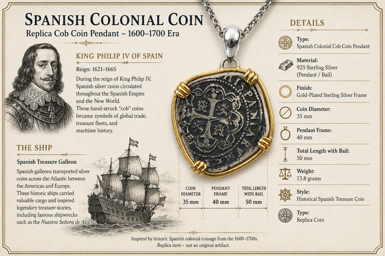 Colonial Pirate Cob Coin Pendant – Atocha Style 925 solid Sterling Silver 52mm