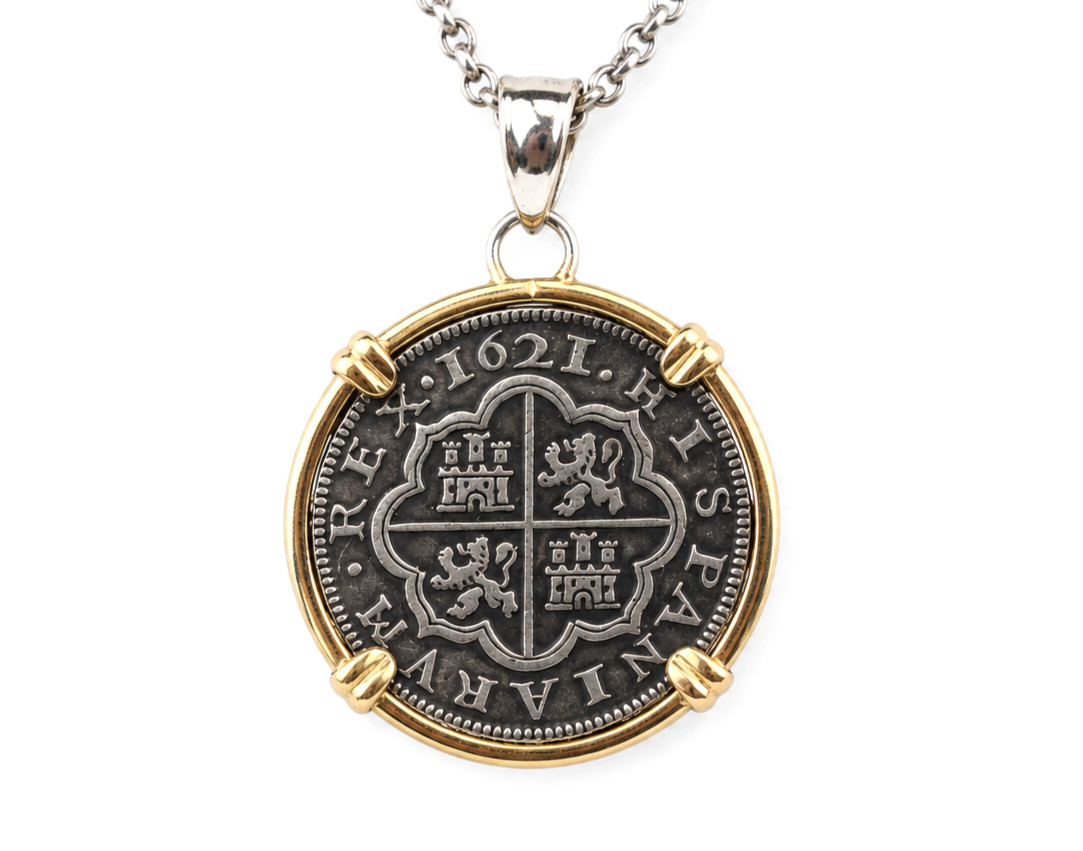 1621 - Spanish Colonial Coin Inspired Pendant .925 Silver Gold Plated 14.8 grams