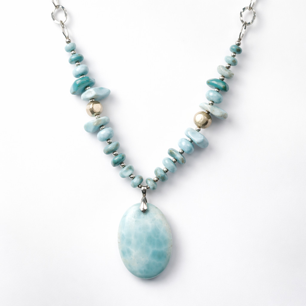 55g Larimar Necklace solid 925 Sterling Silver 18” 38mm Statement