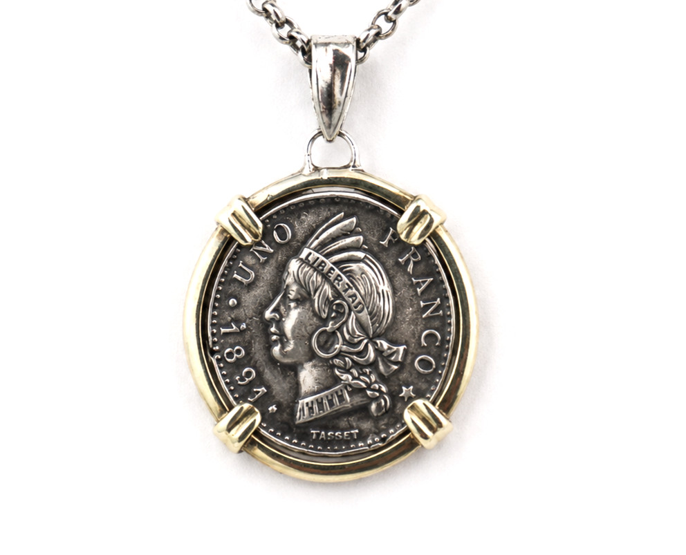 Historic Dominican Coin Pendant 925 Sterling Silver 18K Gold Frame 9.6 grams