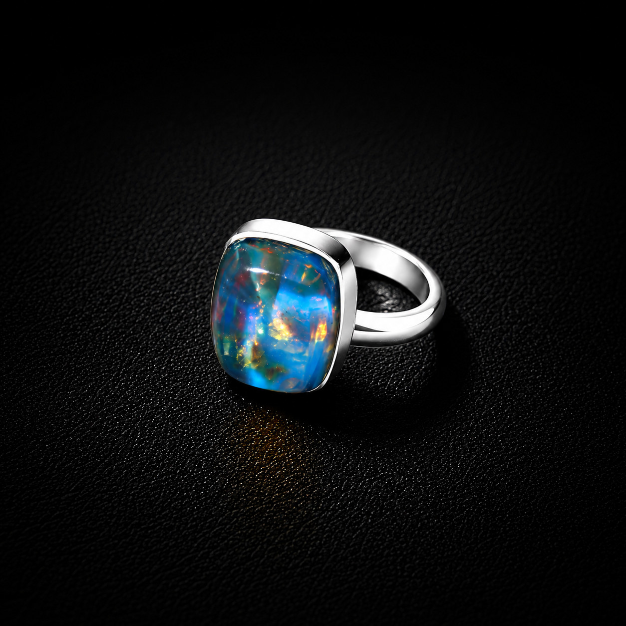 Artisan Polished Deep Blue Amber 925 Sterling Silver Cushion Ring US#7