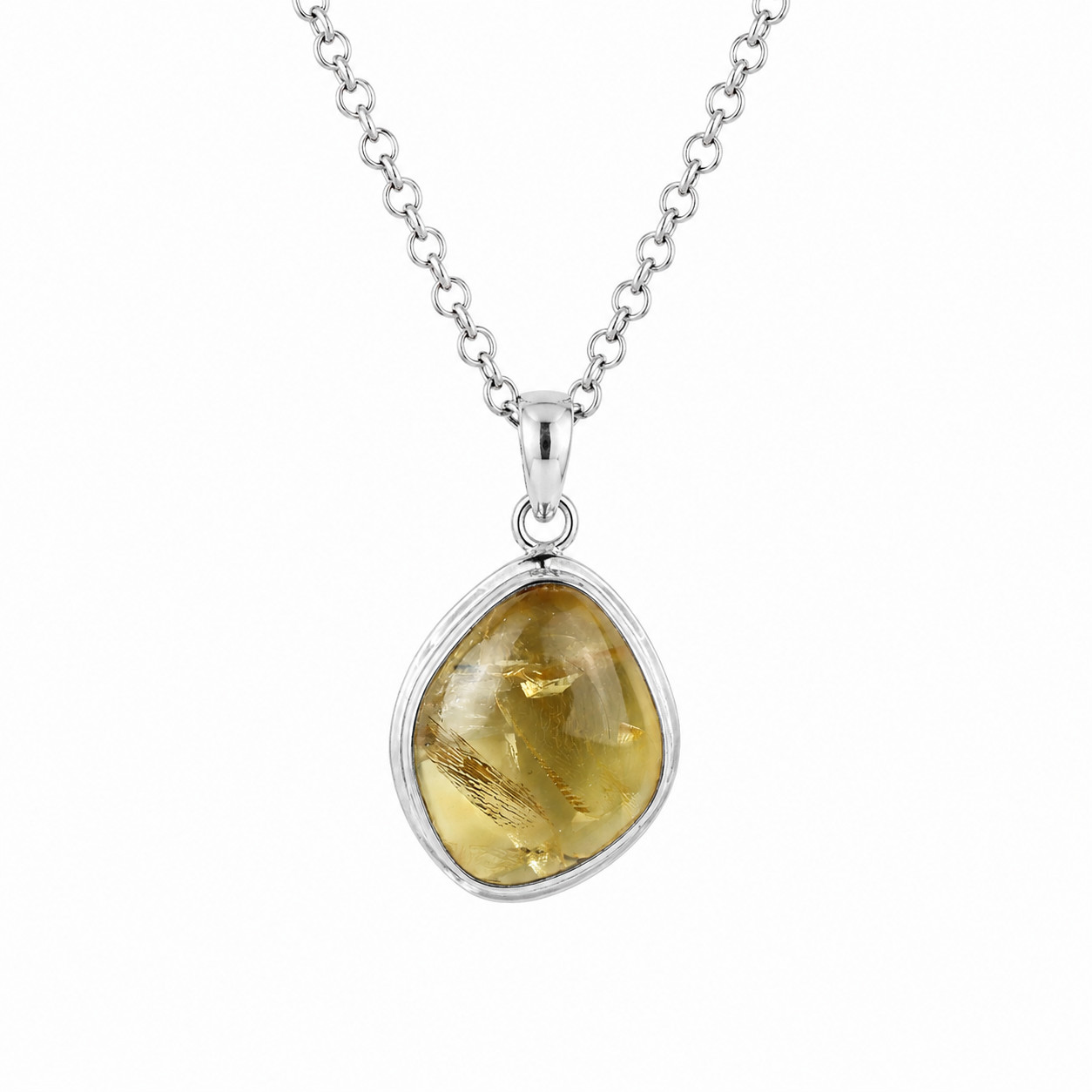 Rare Quality Yellow Gold Rutilated Quartz 925 Sterling Silver Teardrop Pendant