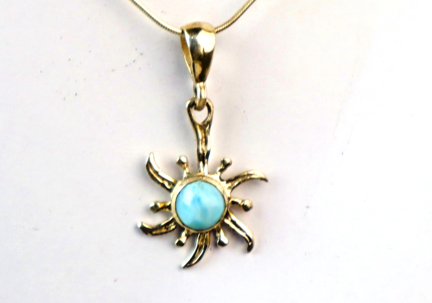 Sky Blue Larimar .925 Sterling Silver Sun Pendant w. Snake Chain Necklace 16 in