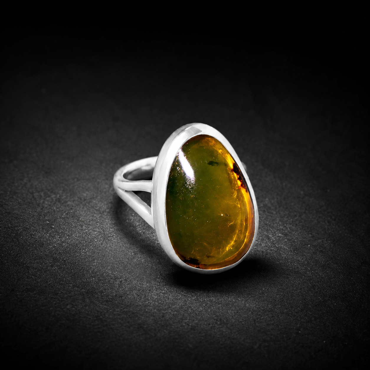 Unique Premium Orange Green Amber 925 Sterling Silver l Ring US#5 free resize