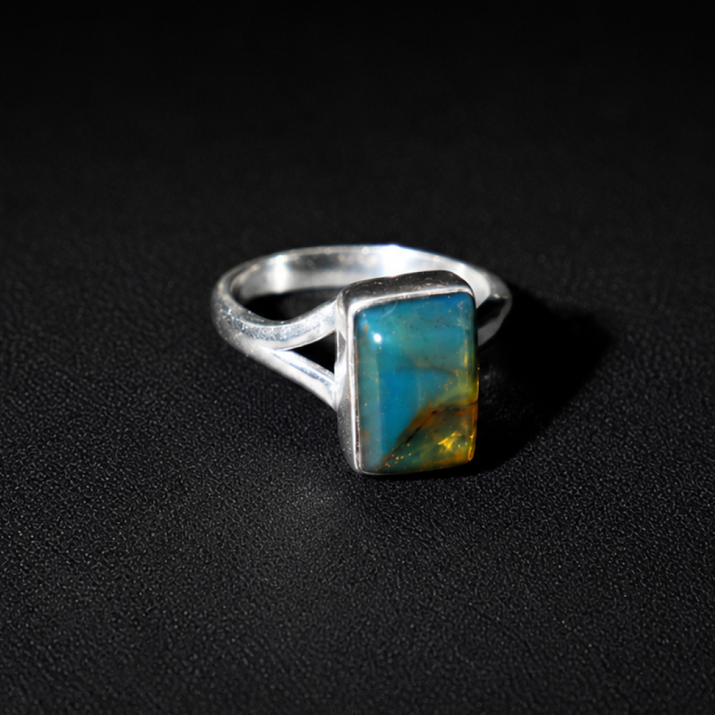 Island Crafted Turquoise Blue Dominican Amber 925 Sterling Silver Clear Rectangular Ring