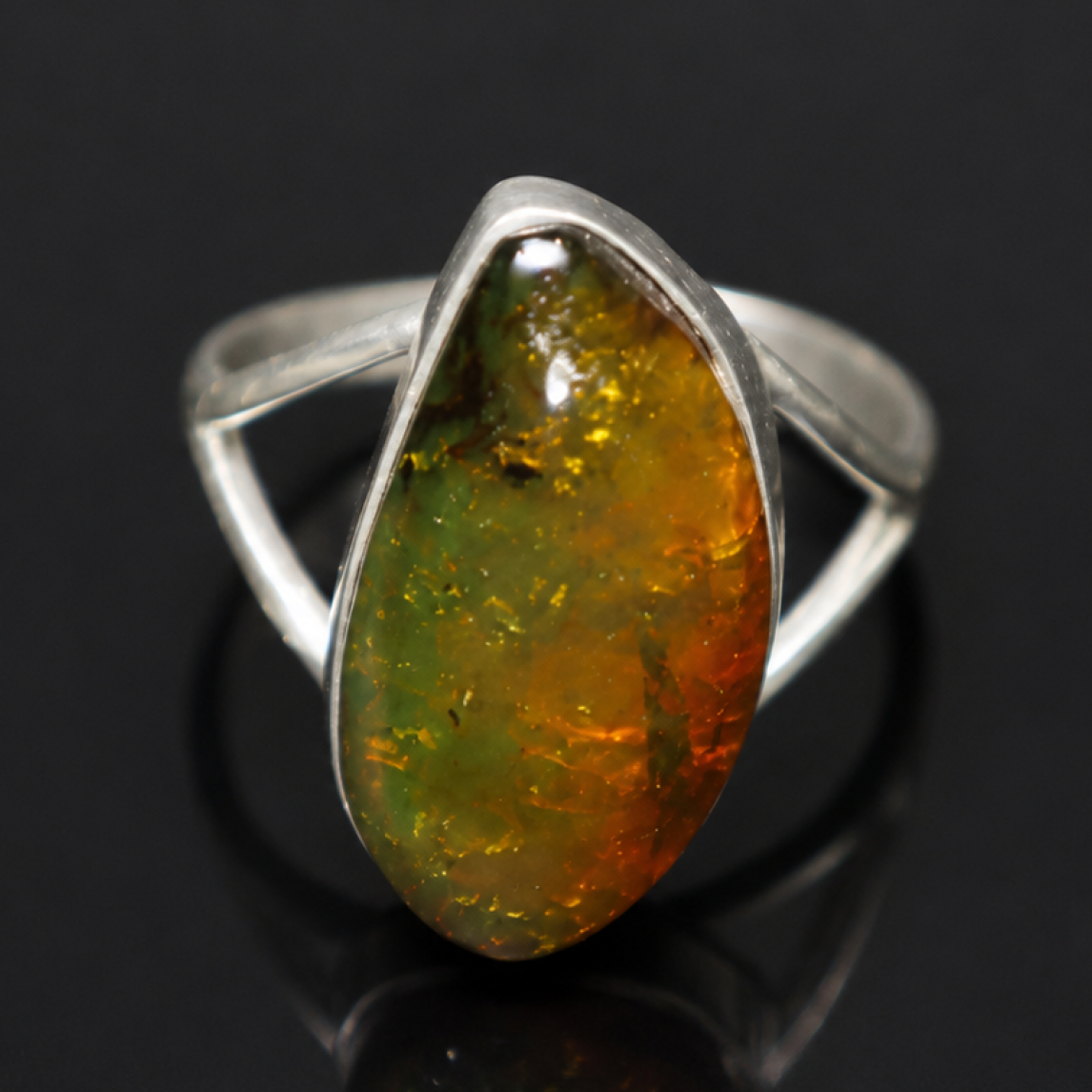 Natural Dominican Green Amber Ring 925 Sterling Silver Size 5.75 Clear Orange