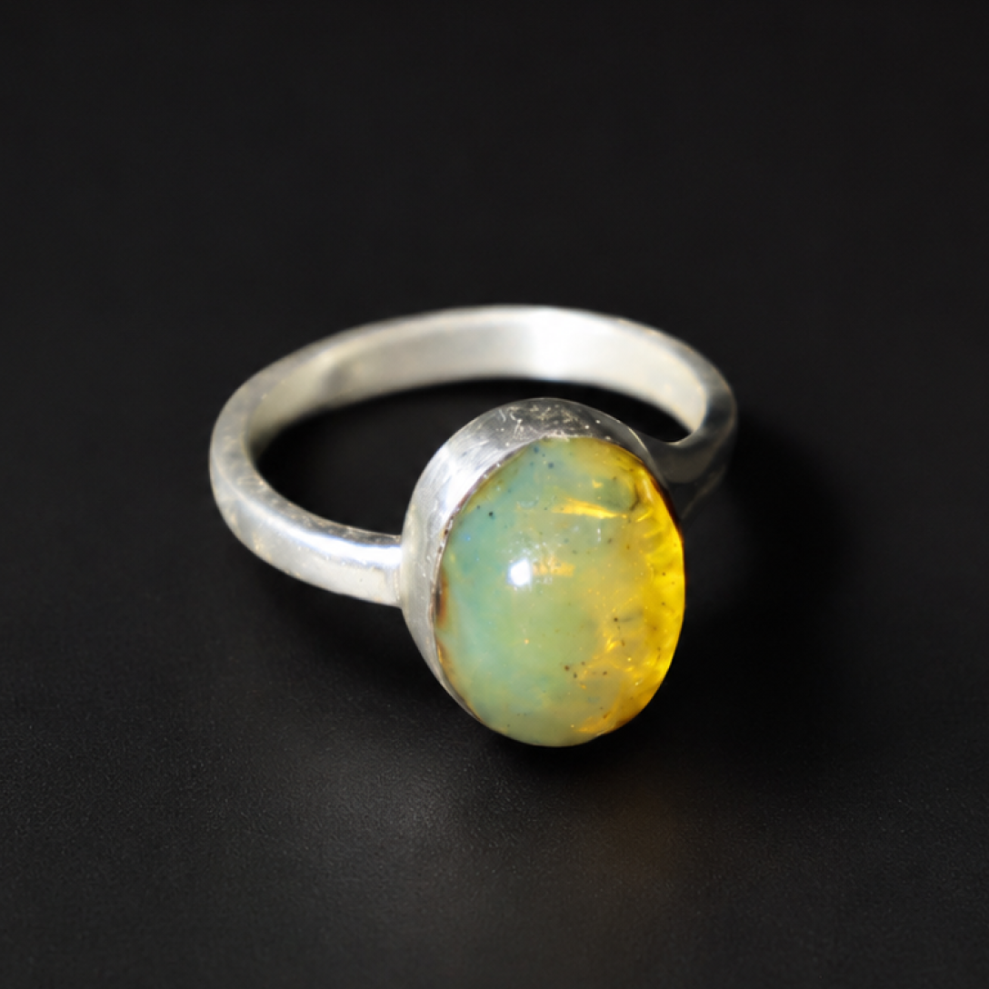 Hand Finished Clear Light Blue Dominican Amber 925 Sterling Silver Ring #5.75