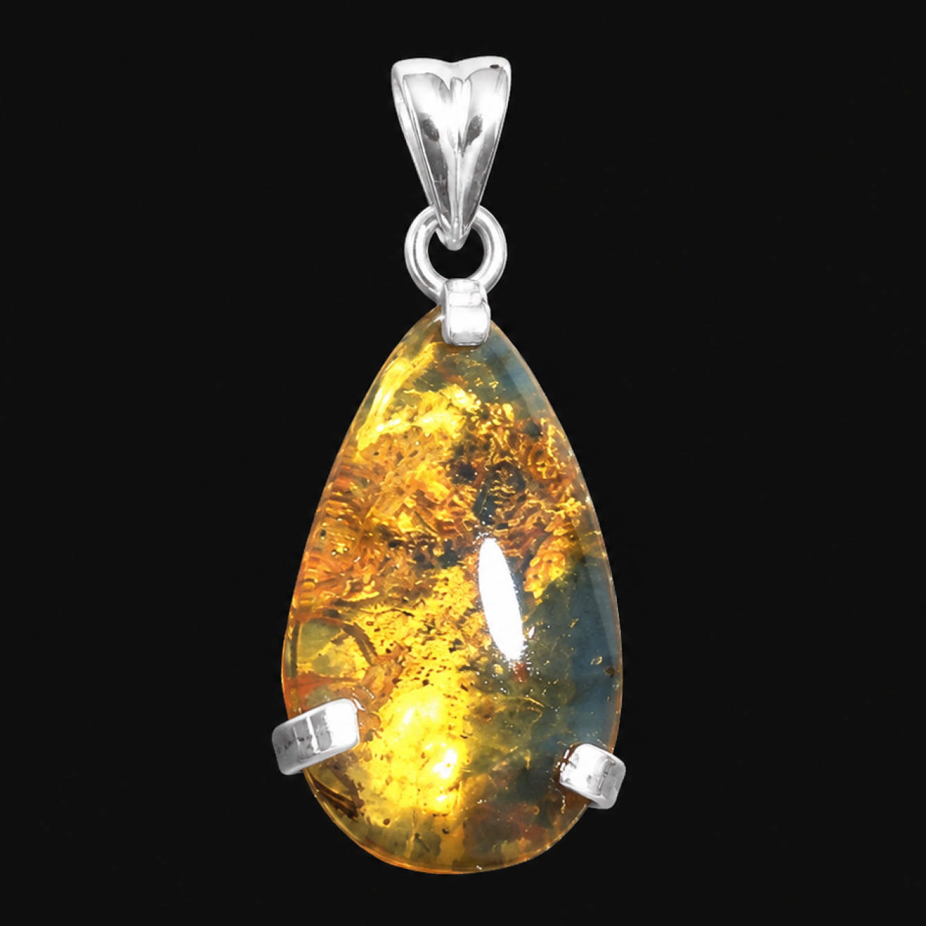Boutique Crafted Clear Light Blue Dominican Amber 925 Sterling Silver Pendant 25mm