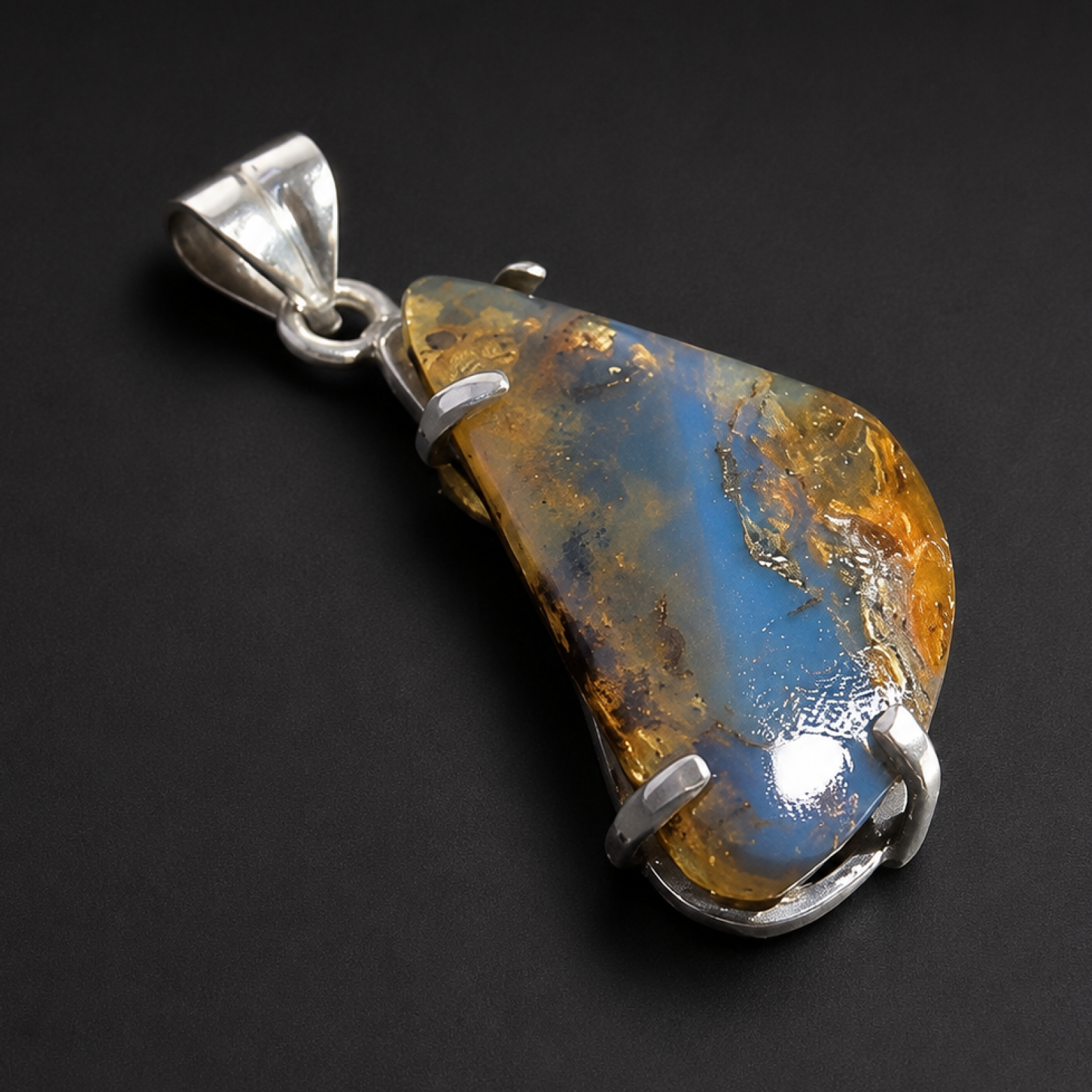 Artisan Made Translucent Deep Blue Dominican Amber 925 Sterling Silver Pendant 44mm