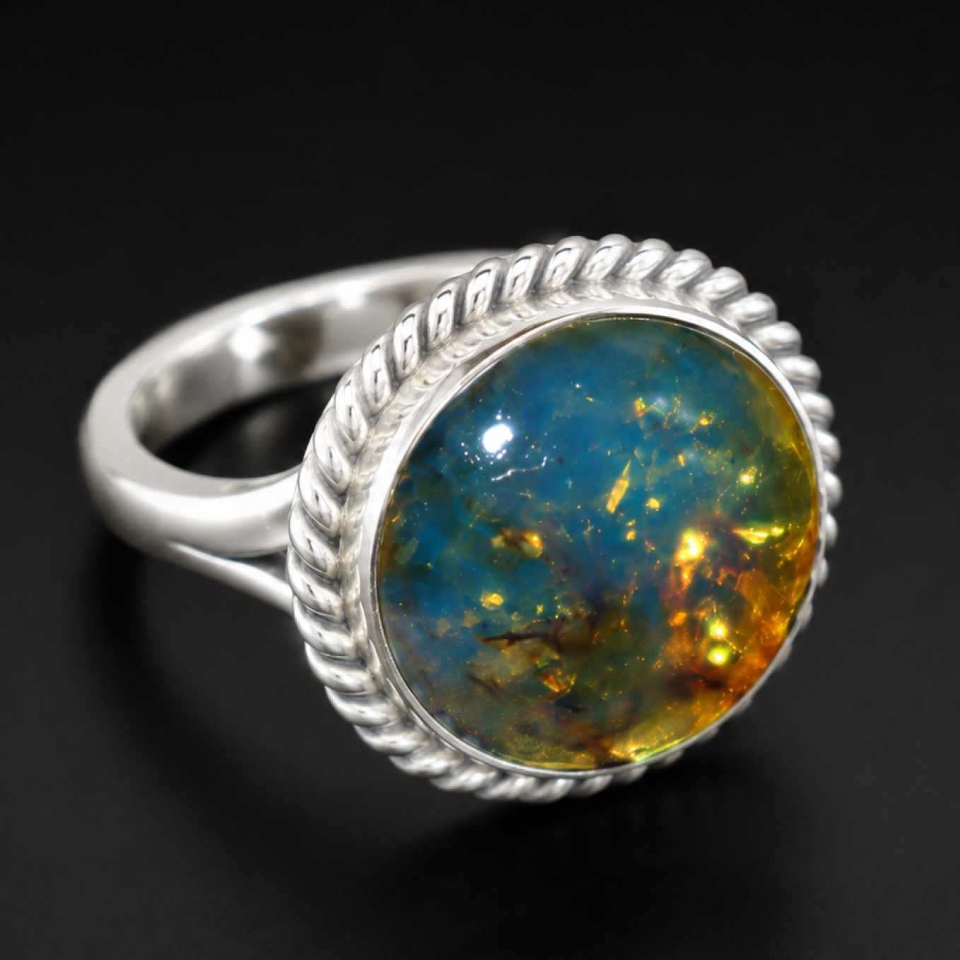 Earth-Crafted Translucent Deep Blue Dominican Amber 925 Sterling Silver Ring