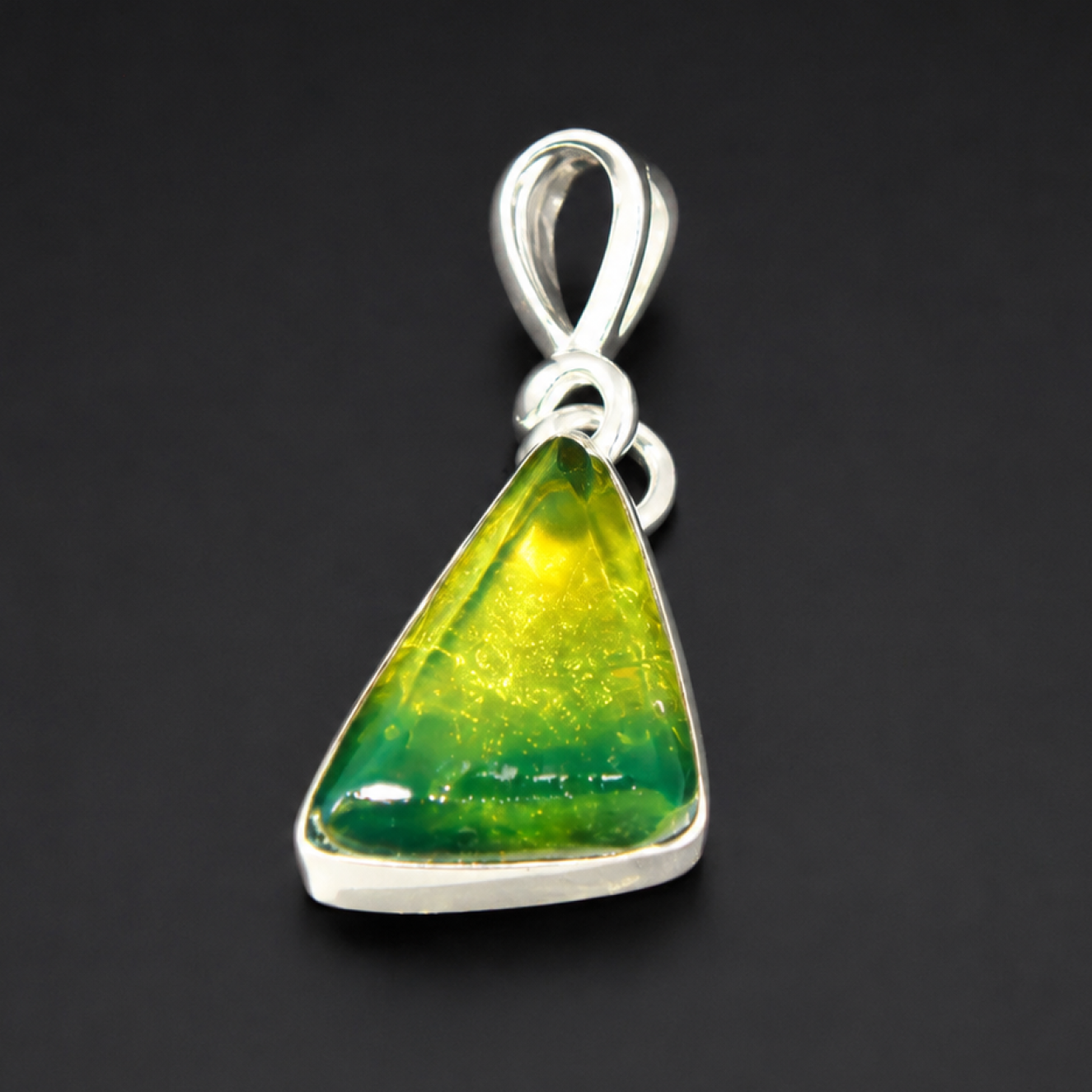 Natural Dominican Green Amber Pendant 925 Sterling Silver 23 mm triangle yellow