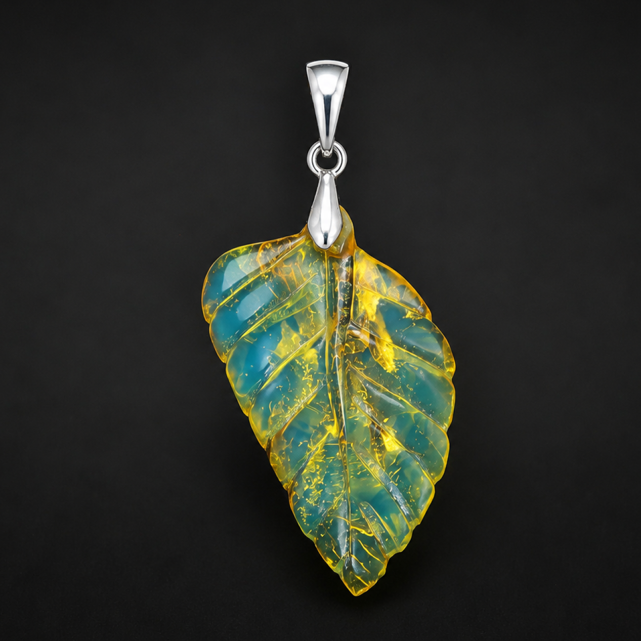 Clear cognac blue Natural Dominican Amber leaf 925 Sterling Silver Pendant 43 mm