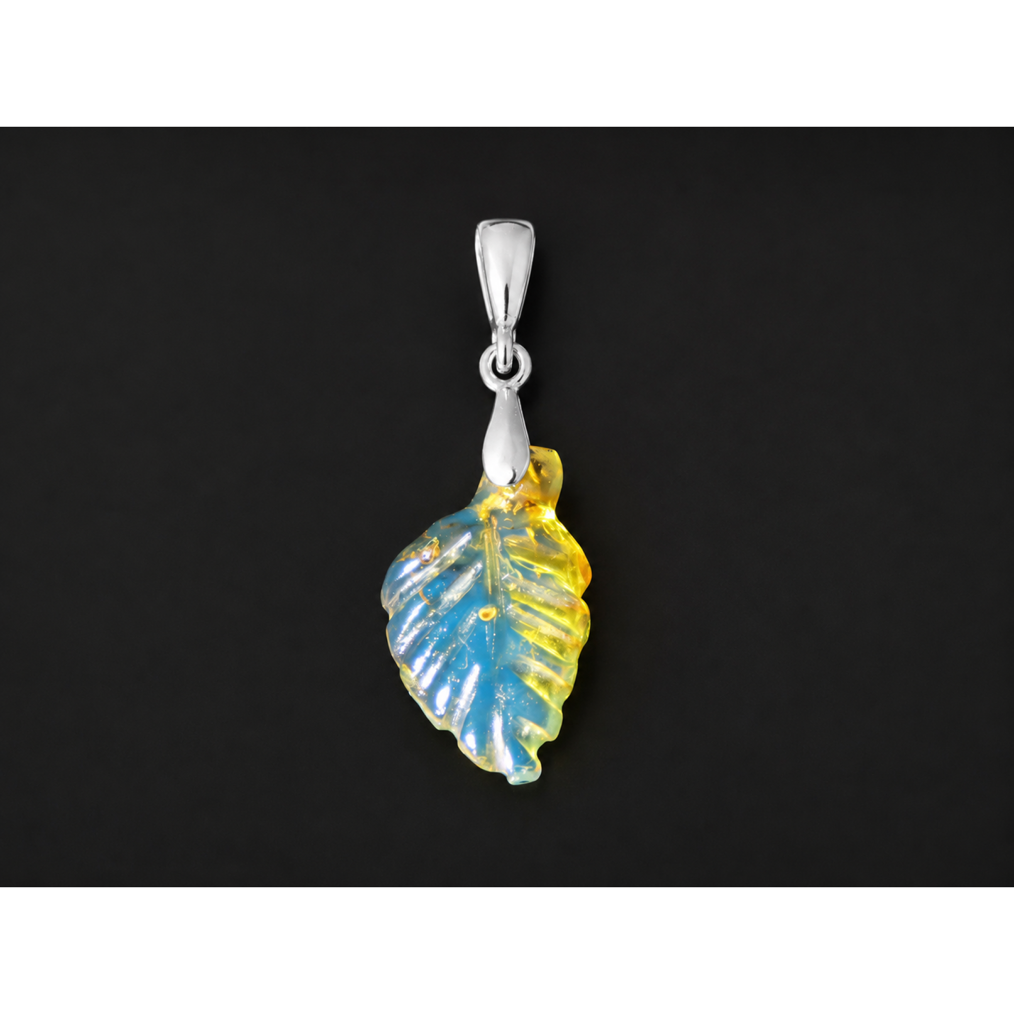 Clear sky blue Natural Dominican Amber leaf 925 Sterling Silver Pendant 36 mm