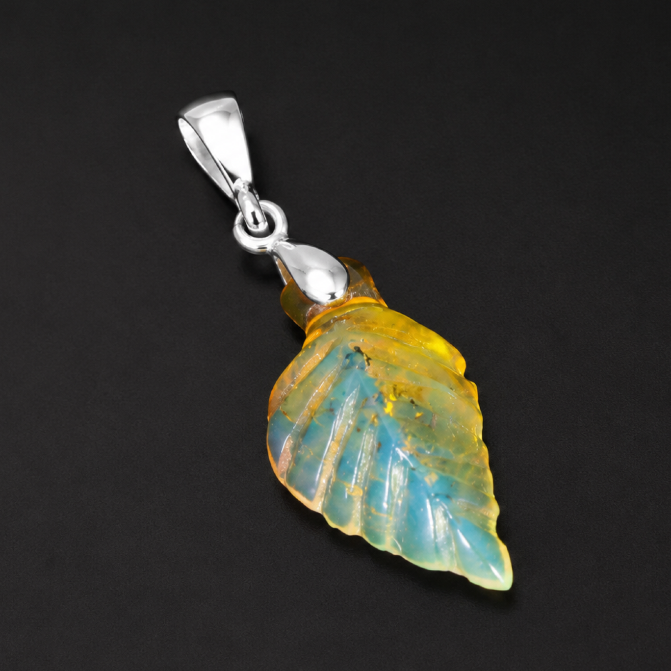 Clear sky blue Natural Dominican Amber leaf 925 Sterling Silver Pendant 33 mm