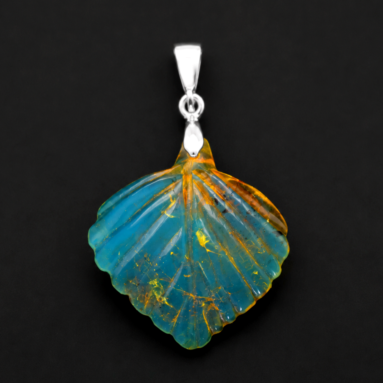 Clear volcanic blue Natural Dominican Amber leaf 925 Sterling Pendant 41 mm