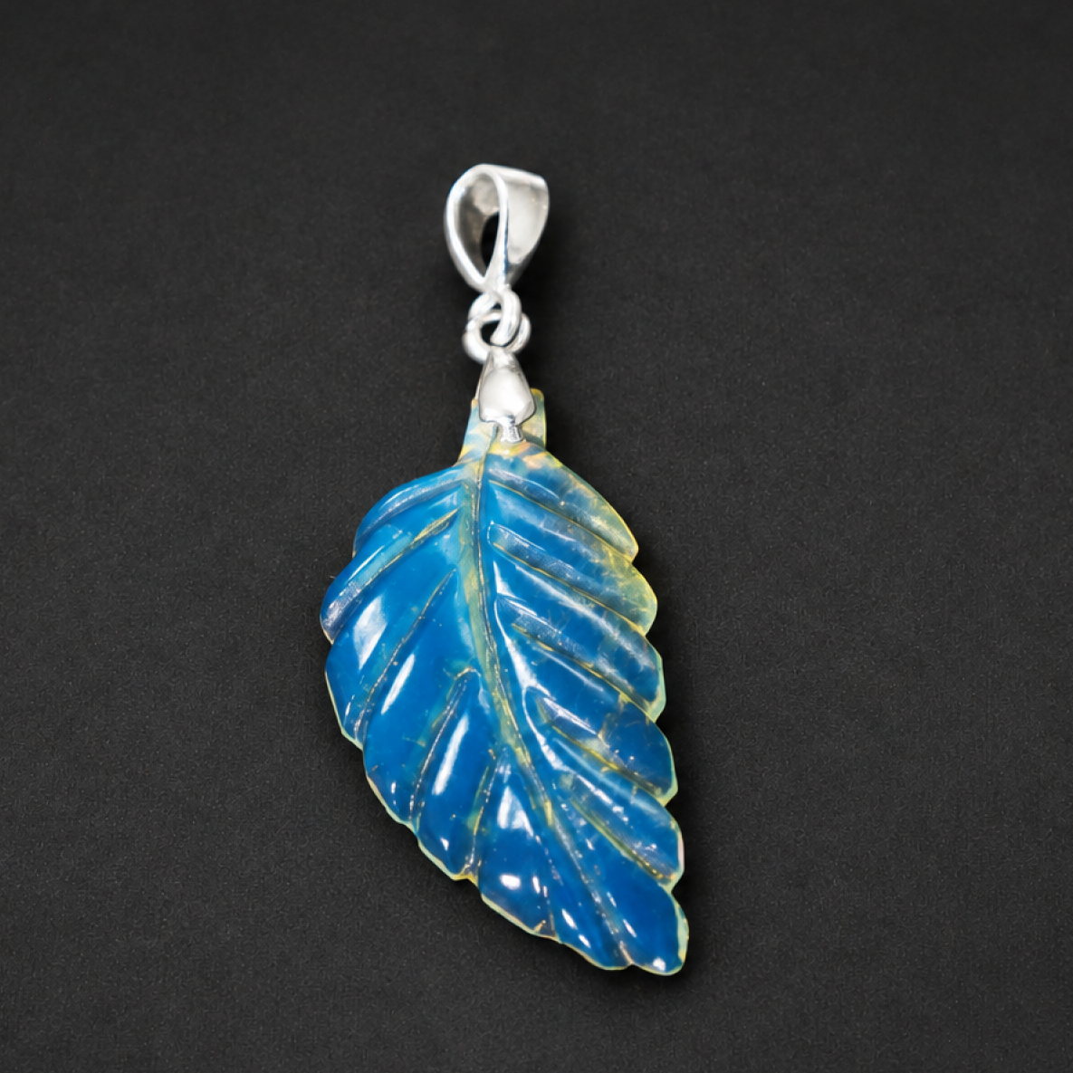Clear volcanic blue Natural Dominican Amber leaf 925 Sterling Pendant 43 mm