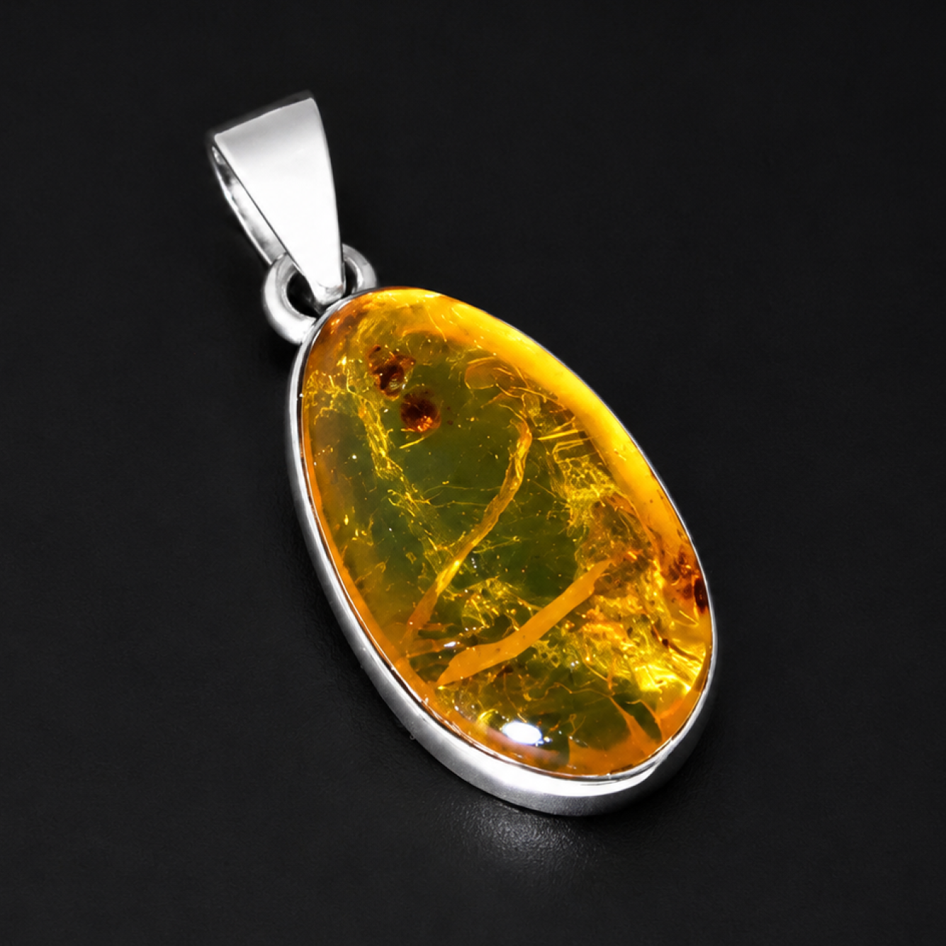 Clear orange Natural Dominican Amber oval 925 Sterling Silver Pendant 29 mm