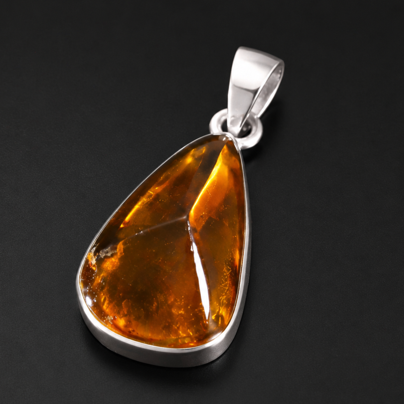 Clear orange Natural Dominican Amber faceted 925 Sterling Silver Pendant 30 mm