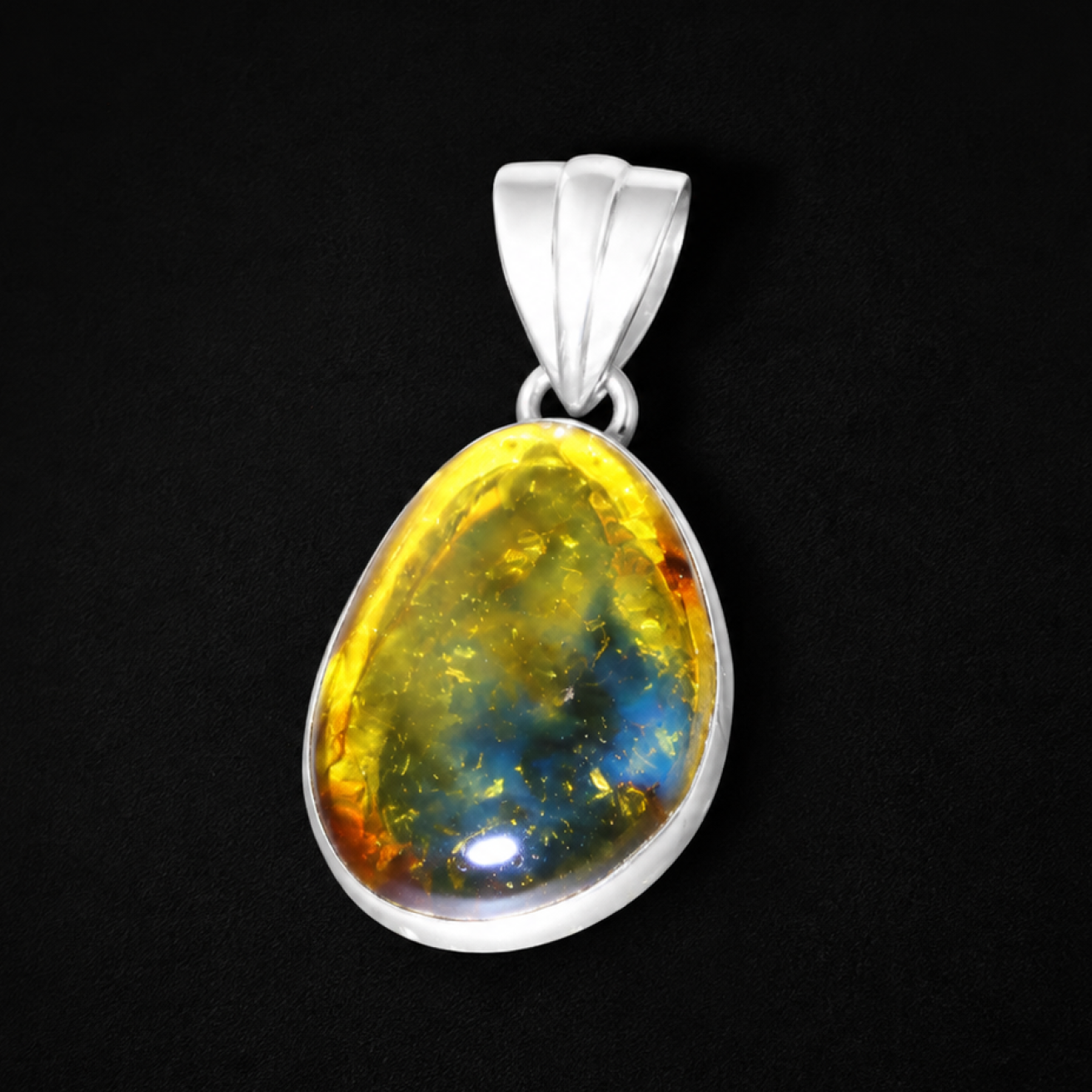 Clear light blue Natural Dominican Amber freeform 925 Sterling Pendant 28 mm