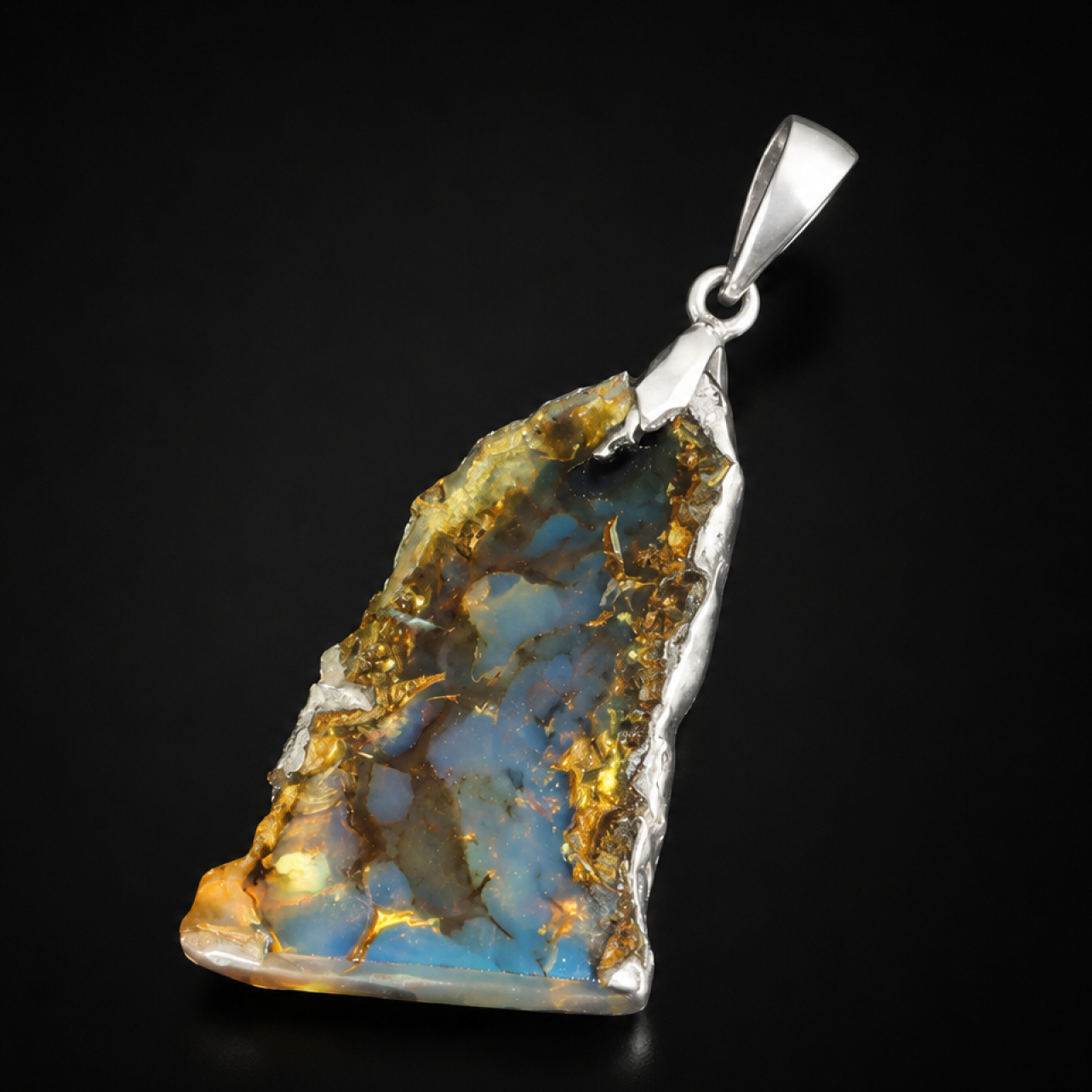 Clear deep blue Natural Dominican Amber slice 925 Sterling Silver Pendant 43 mm