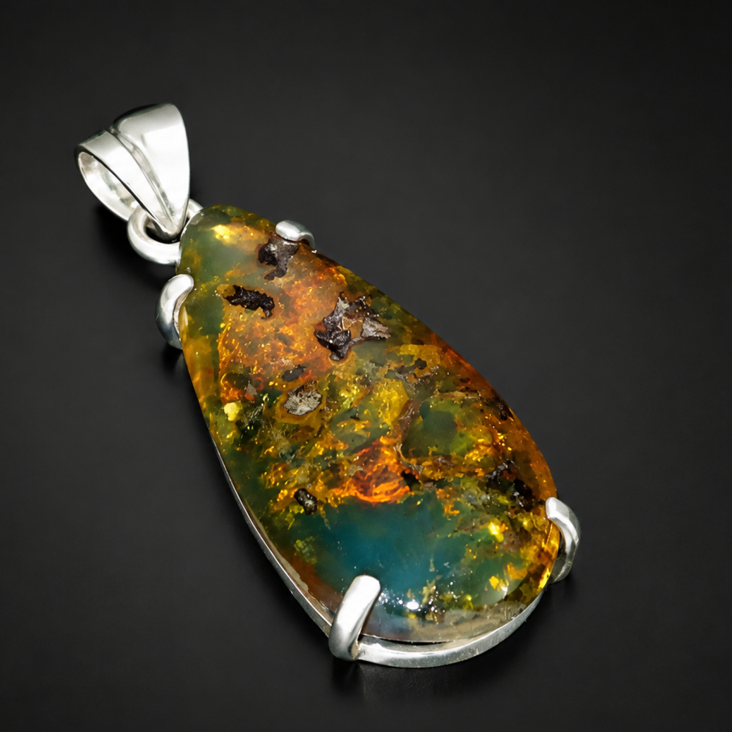 Translucent brown blue Natural Dominican Amber fall leaves 925 Pendant 49 mm