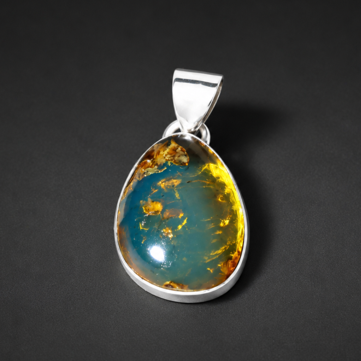 Translucent deep blue Natural Dominican Amber drop 925 Sterling Pendant 26 mm