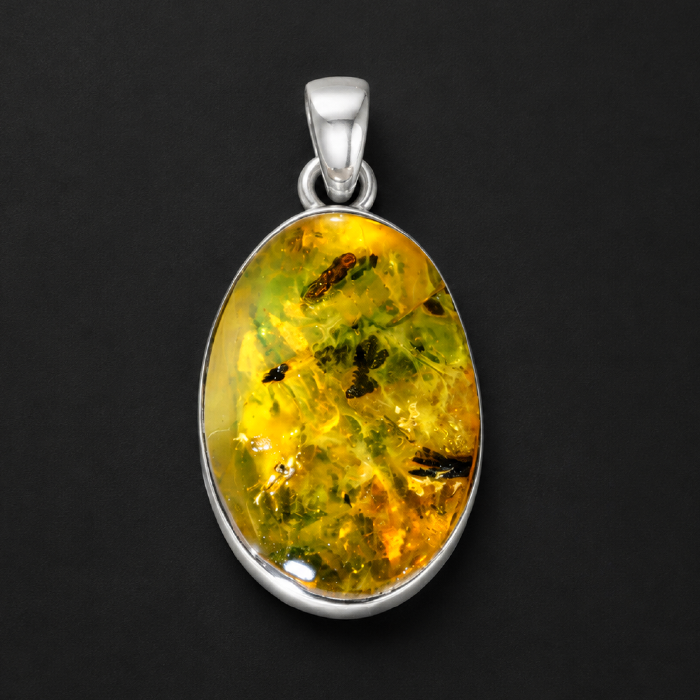 Translucent yellow green Natural Dominican Amber oval 925 Sterling Pendant 30 mm