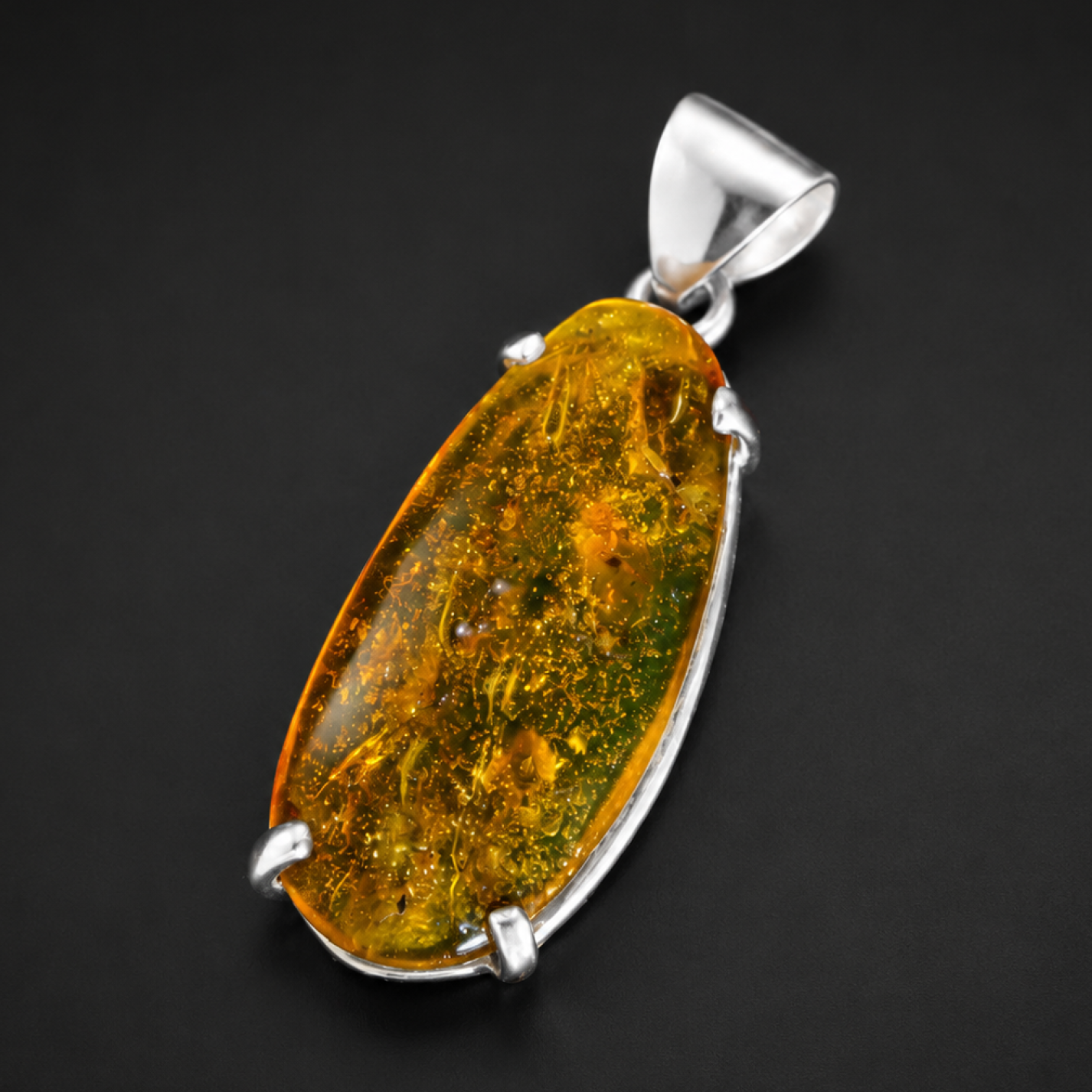 Translucent yellow green Natural Dominican Amber oval 925 Sterling Pendant 42 mm