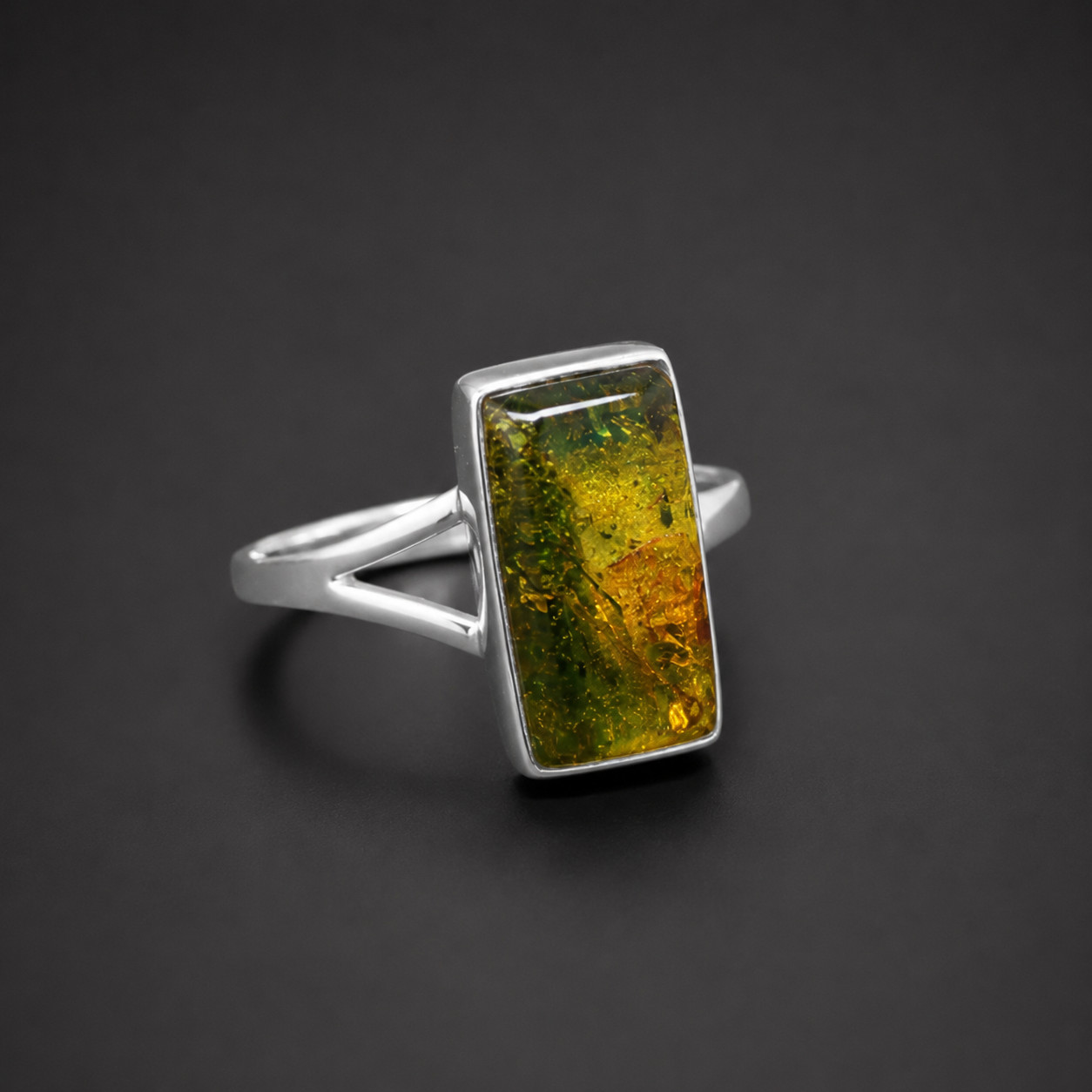 Statement Gift Green Yellow Amber 925 Sterling Silver Rectangular Ring US#6