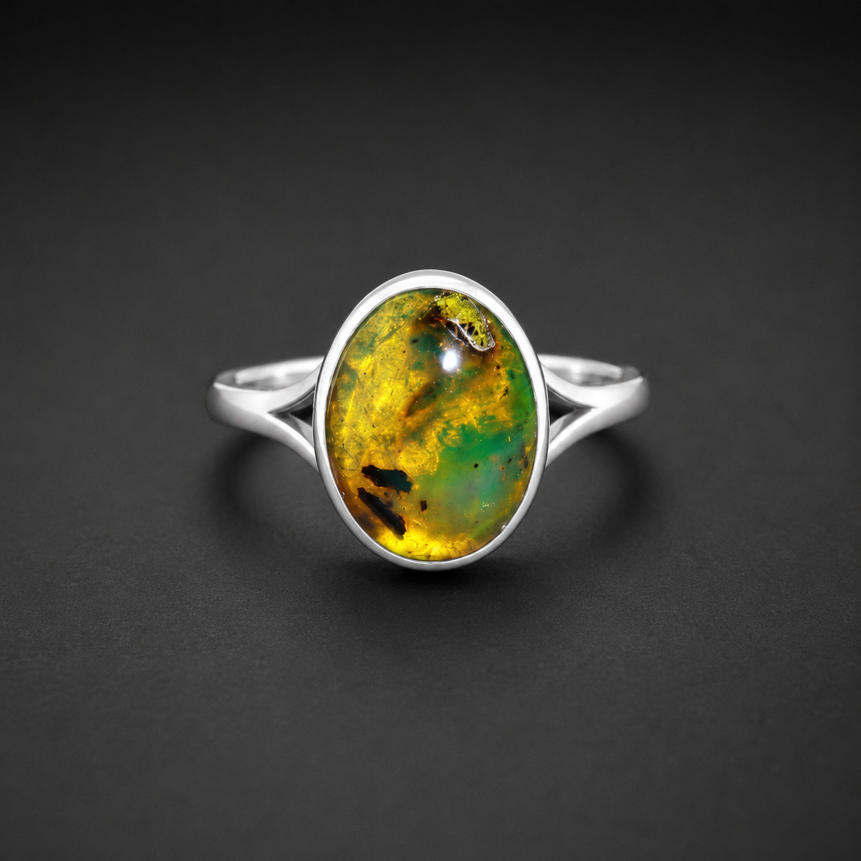 Artisan Polished Green Amber 925 Sterling Silver Oval Ring US#7.75