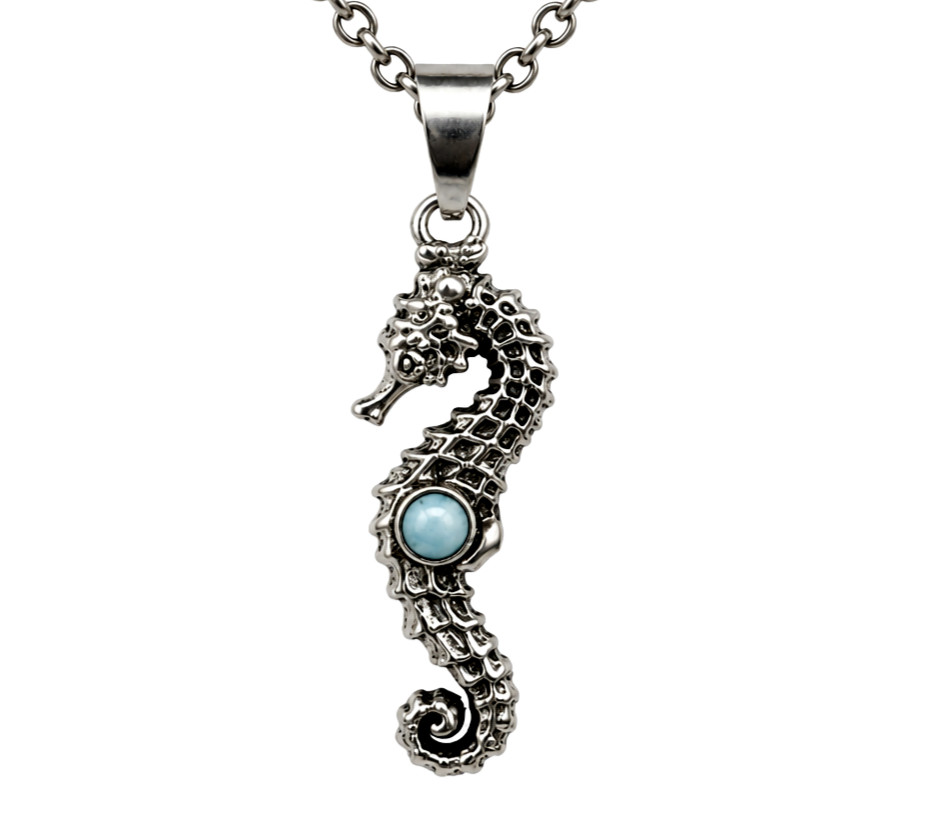 Authentic Beautiful Sky Blue Larimar 925 Sterling Silver Sea Horse Pendant 37mm