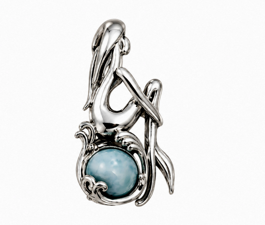 Rare Quality Light Blue Larimar 925 Sterling Silver Mermaid Pendant 27mm