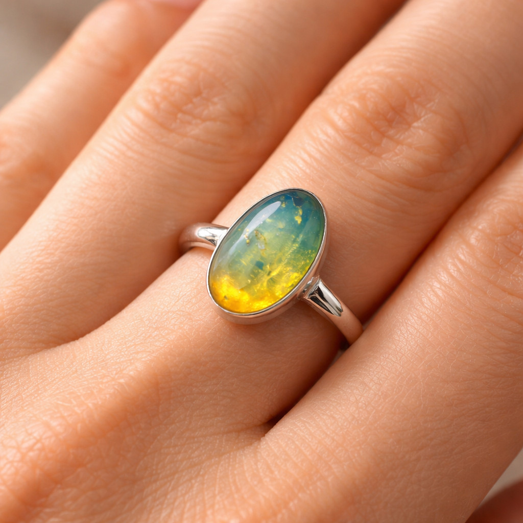 Lovely Natural Clear Light Blue Amber .925 Sterling Silver Ring #7