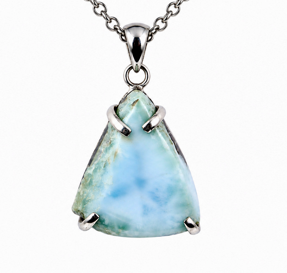 Handcrafted Natural Sky Blue Larimar 925 Sterling Silver Triangle Slice Pendant