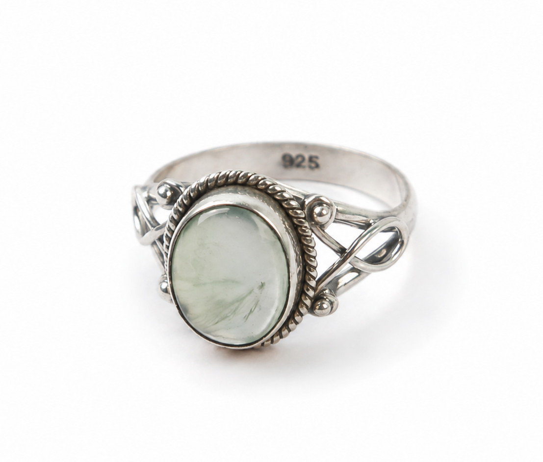 Genuine Authentic Green Prehnite 925 Sterling Silver Oval Ring US#9